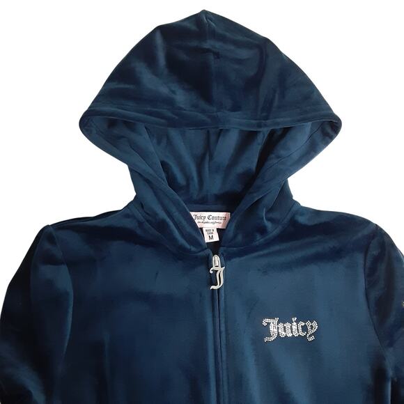 Juicy Couture Velour Track Jacket Y2K Rhinestone Bling Full Zip Hoodie Blue M - Picture 2 of 14